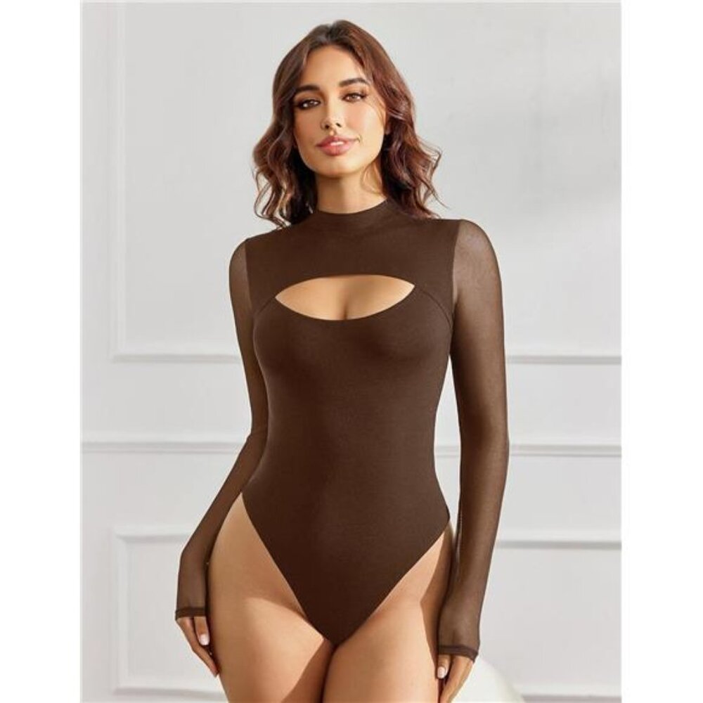Women Long Sleeve Thong Bodysuit Turtle Neck Coffee